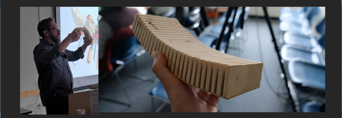 Speaker holding a curved 2 by 4